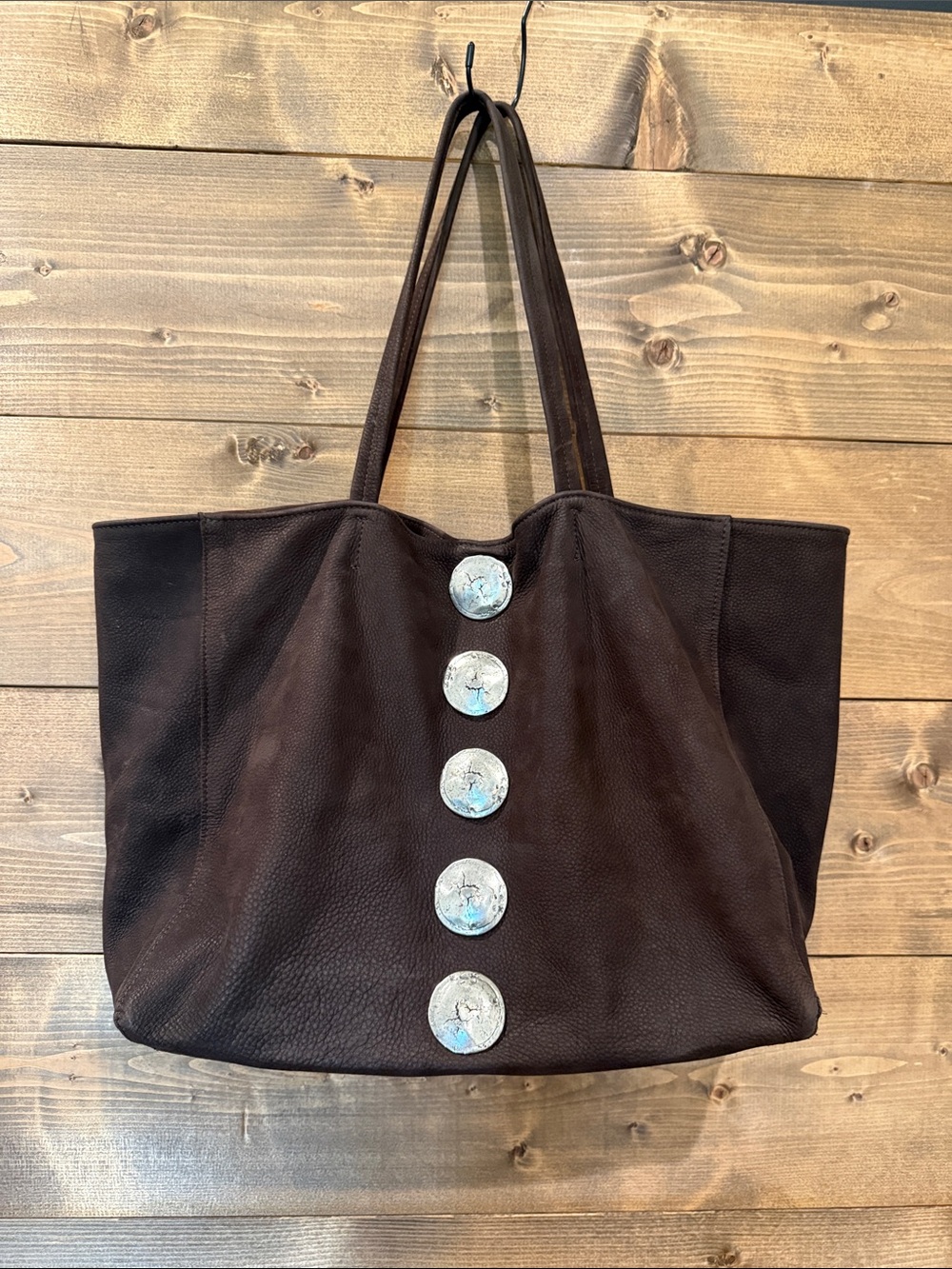 Streets Ahead Dark Brown Leather Tote Bag with Decorative Conchos - Women Bags